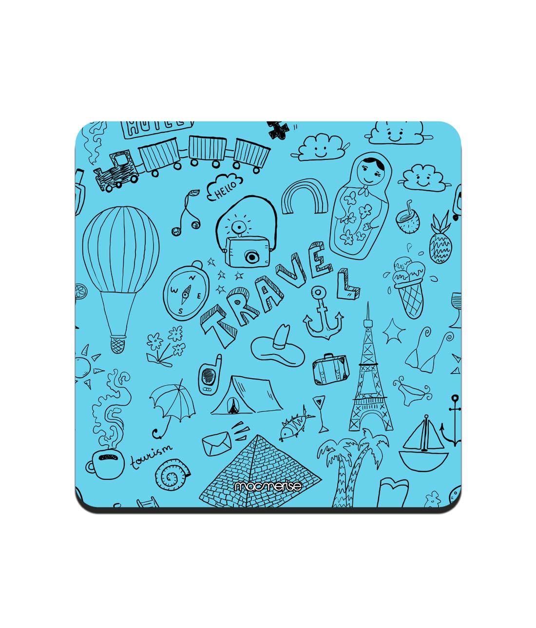 Blue Travel Doodle - 10 X 10 (cm) Coaster