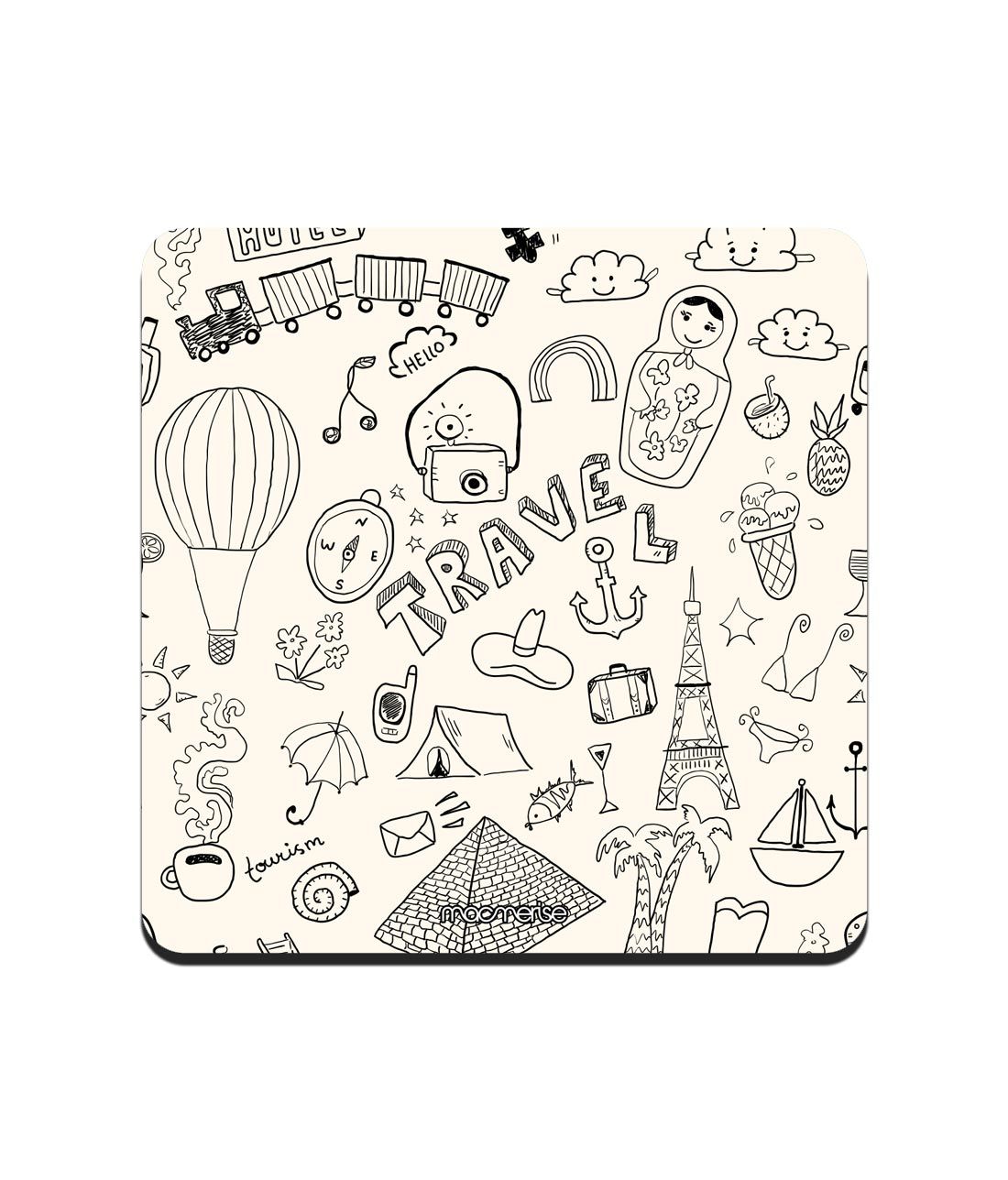 White Travel Doodle - 10 X 10 (cm) Coaster