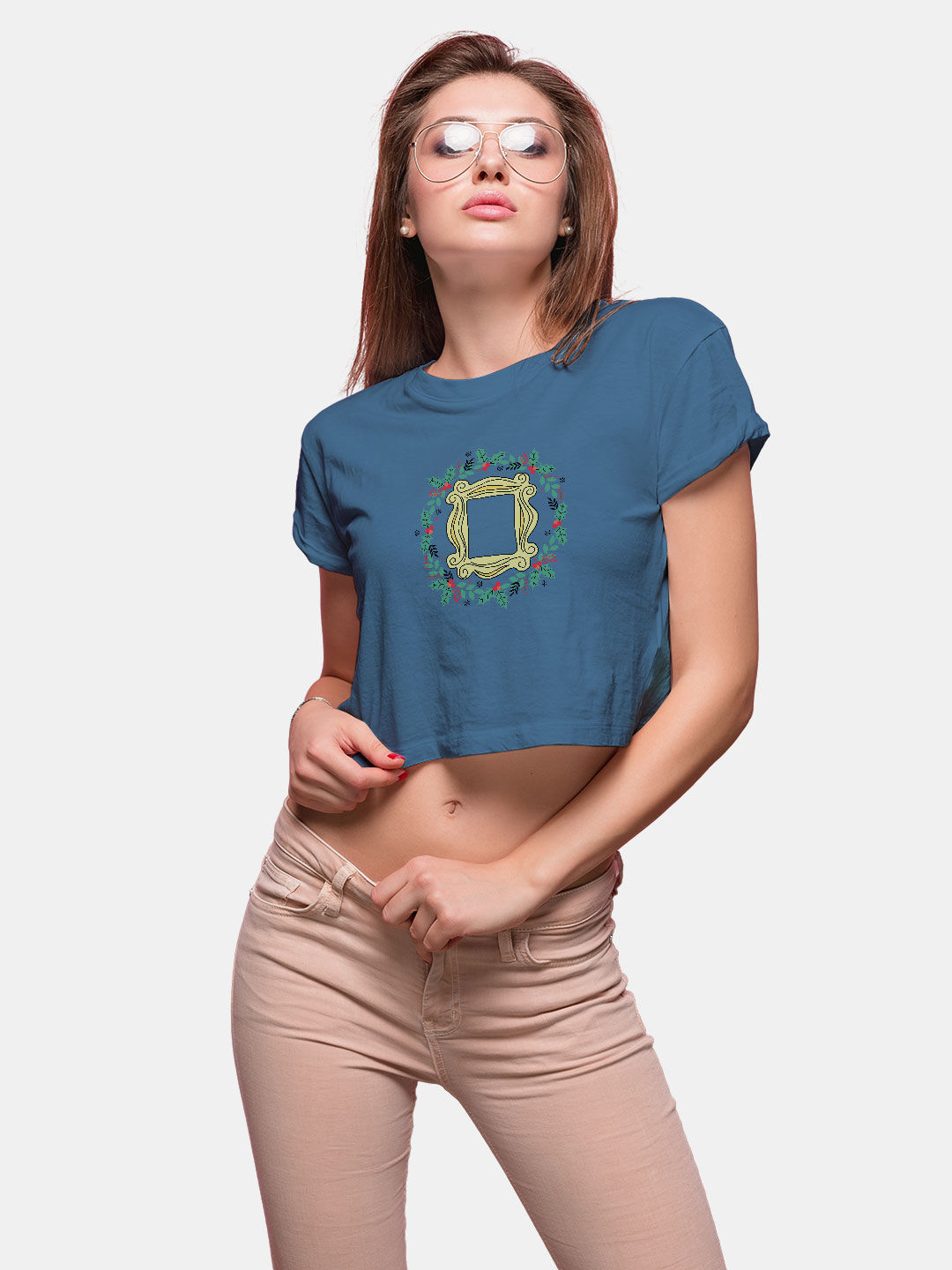 Buy Christmas Friends Frame Blue Bird - Designer Crop Tops T-Shirts Online