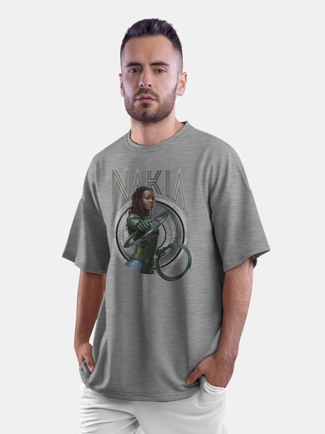 Buy Wakanda Forever Nakia Pose Grey - Male Oversized T-Shirt T-Shirts Online