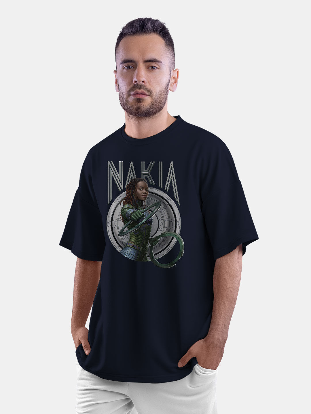 Buy Wakanda Forever Nakia Pose Navy Blue - Male Oversized T-Shirt T-Shirts Online