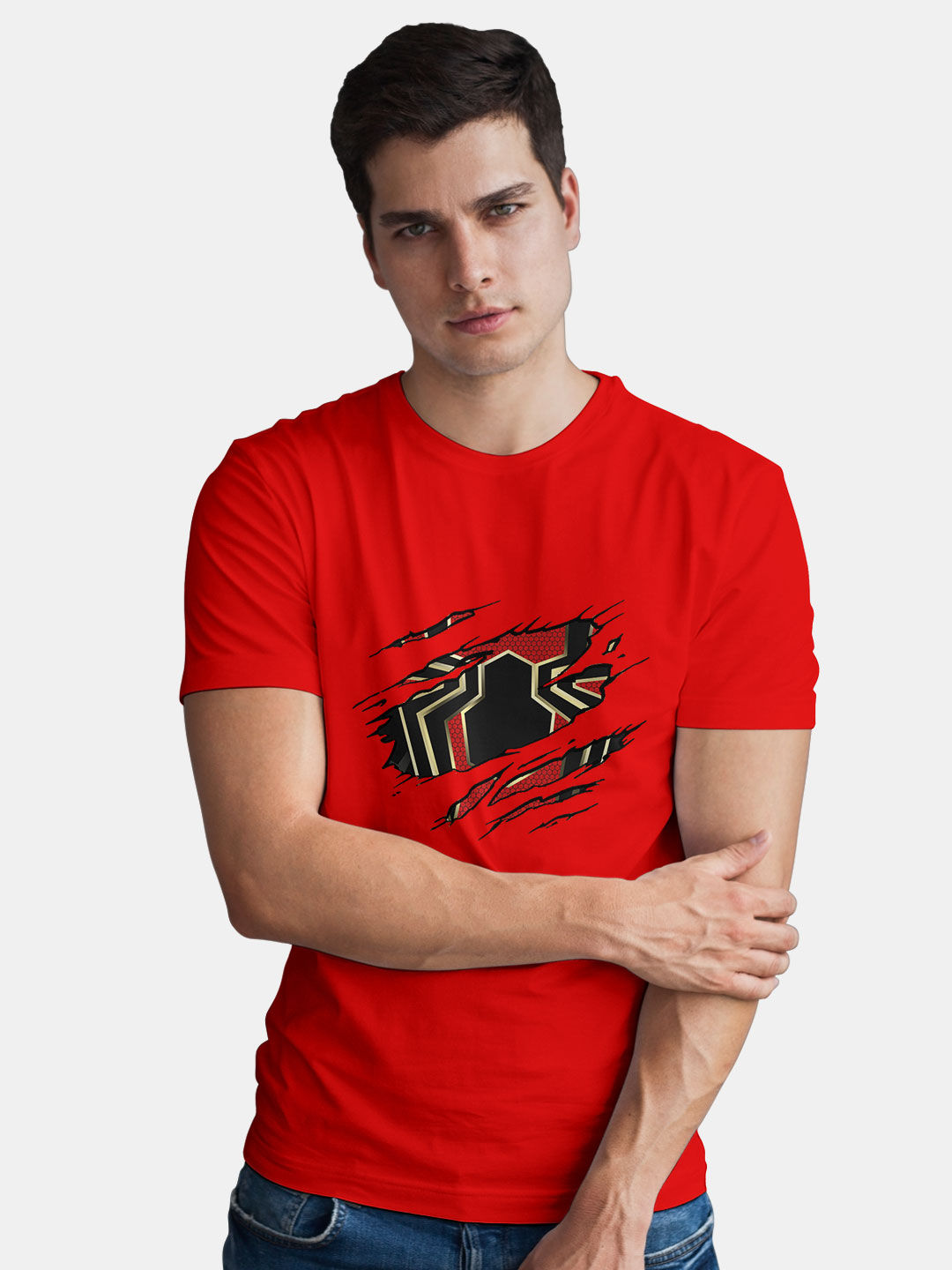 Shop Ripped Spiderman Printed Mens T-Shirt Online | Macmerise| Mens T-Shirt  Size : M Color : Red